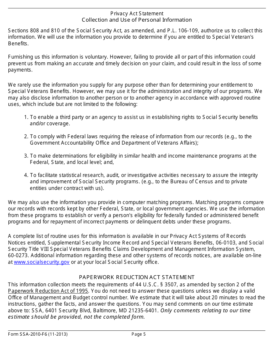 Form SSA-2010-F6 Statement for Determining Continuing Entitlement for Special Veterans Benefits (Svb), Page 5