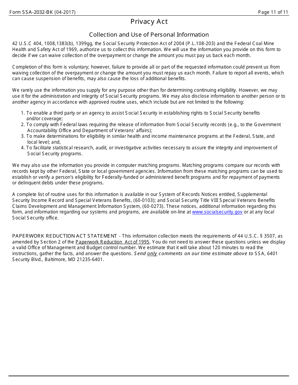 Form SSA-2032-BK Request for Waiver of Special Veterans Benefits (Svb) Overpayment Recovery or Change in Repayment Rate, Page 11