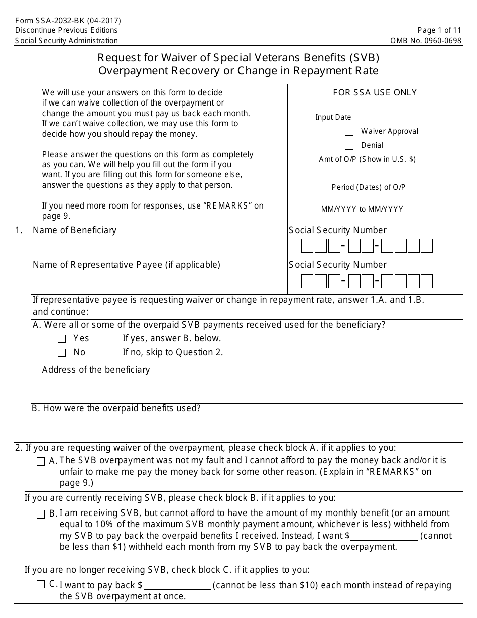 Form SSA-2032-BK Request for Waiver of Special Veterans Benefits (Svb) Overpayment Recovery or Change in Repayment Rate, Page 1