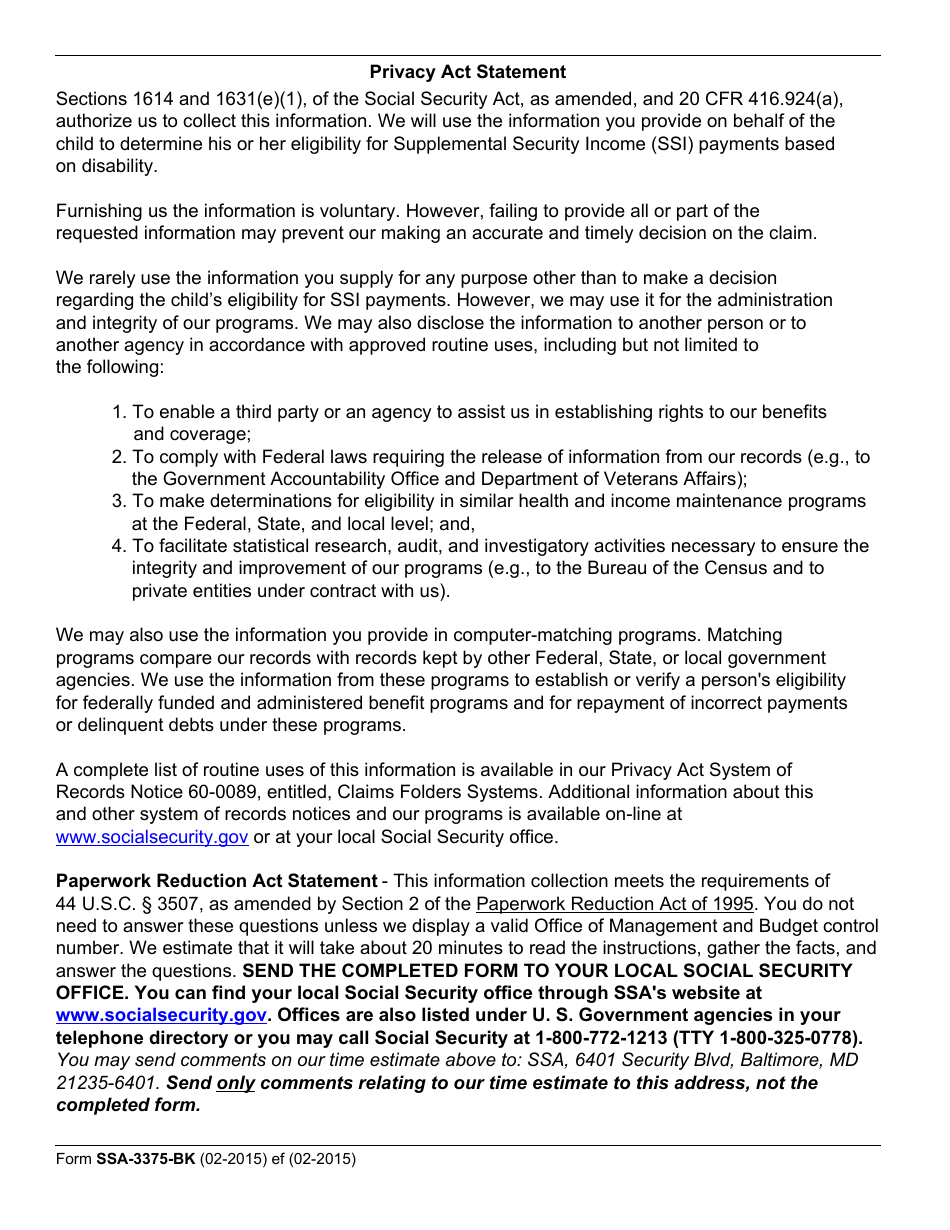 Form SSA-3375-BK Function Report - Child Birth to 1st Birthday, Page 2