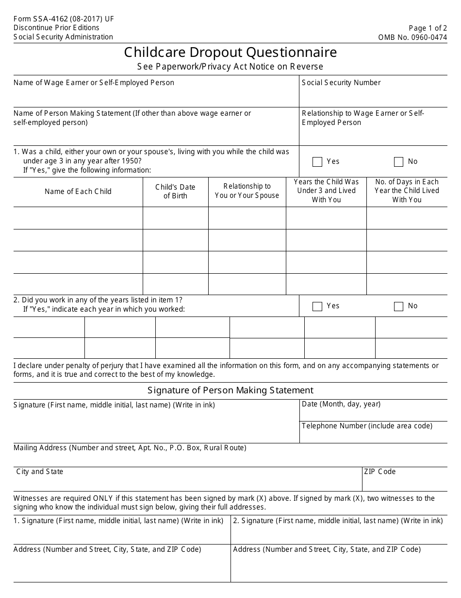 Form SSA-4162 Child Care Dropout Questionnaire, Page 1