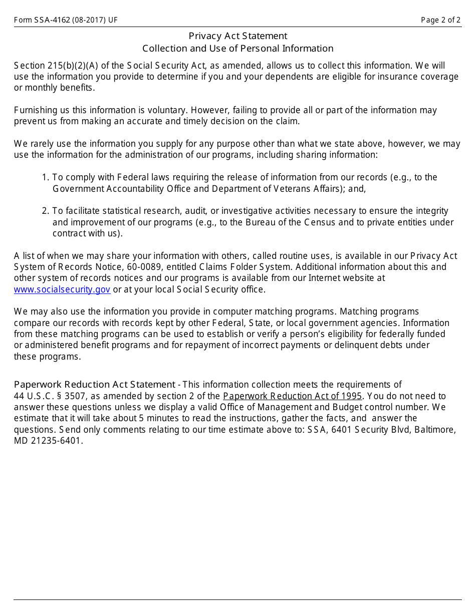 Form SSA-4162 Child Care Dropout Questionnaire, Page 2