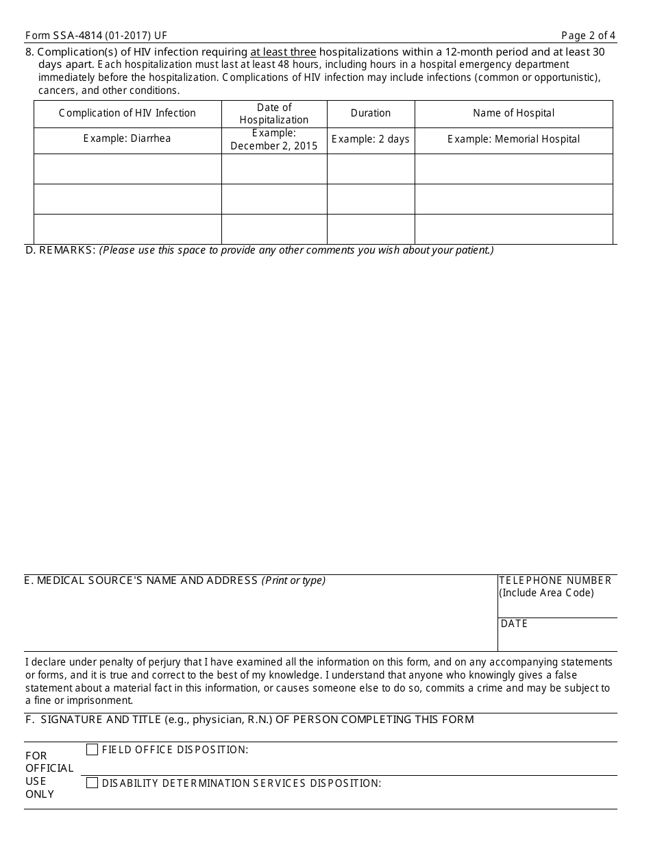 Form SSA-4814 Medical Report on Adult With Allegation of Human Immunodeficiency Virus (HIV) Infection, Page 2