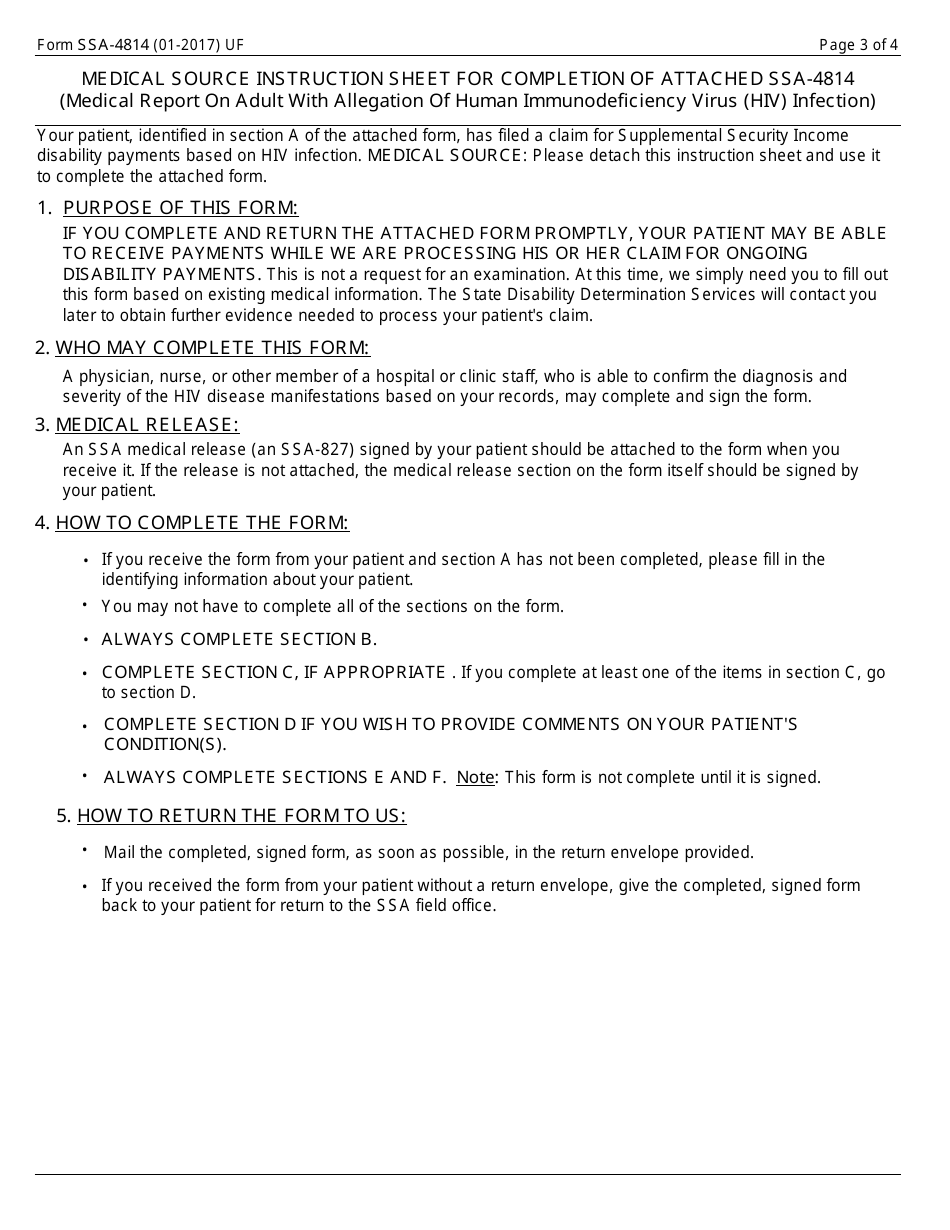 Form SSA-4814 Medical Report on Adult With Allegation of Human Immunodeficiency Virus (HIV) Infection, Page 3