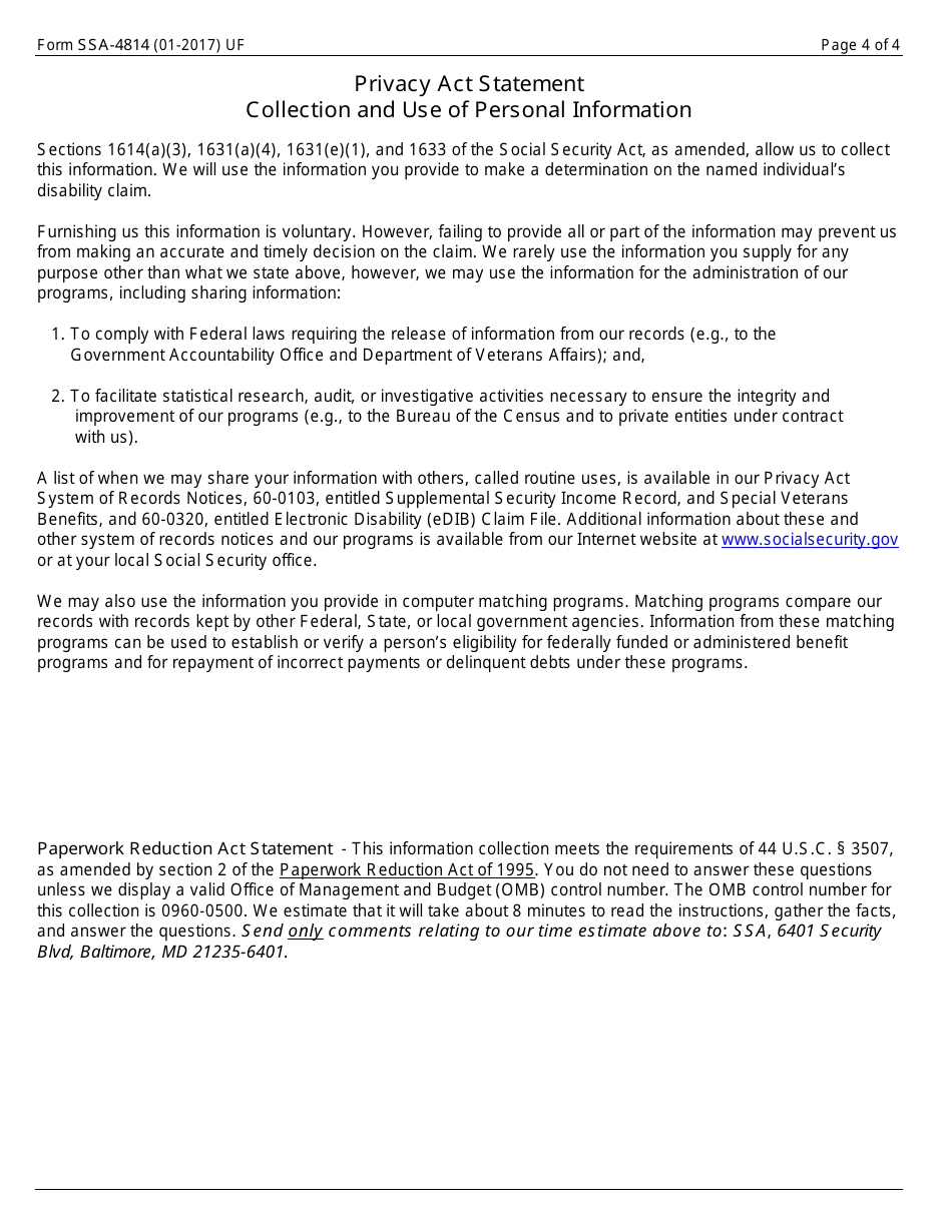 Form SSA-4814 Medical Report on Adult With Allegation of Human Immunodeficiency Virus (HIV) Infection, Page 4