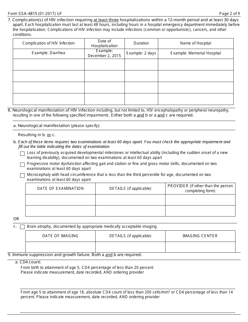 Form SSA-4815 Medical Report on Child With Allegation of Human Immunodeficiency Virus (HIV) Infection, Page 2