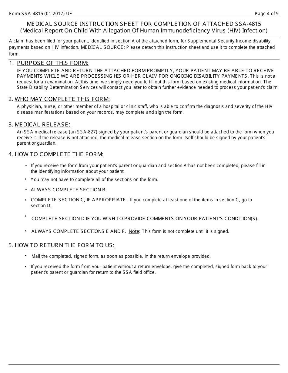 Form SSA-4815 Medical Report on Child With Allegation of Human Immunodeficiency Virus (HIV) Infection, Page 4