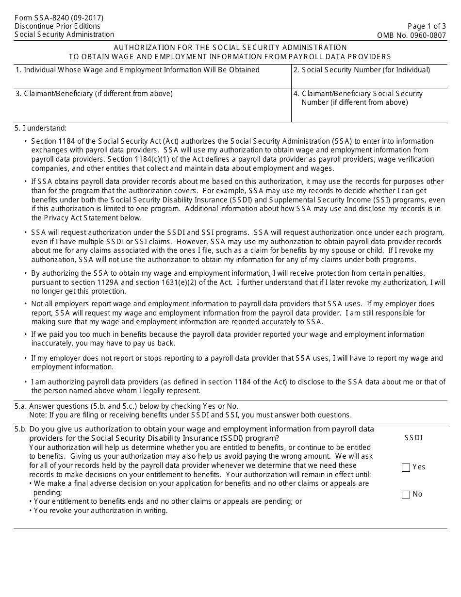 Form SSA-8240 Authorization for the Social Security Administration to Obtain Wage and Employment Information From Payroll Data Providers, Page 1