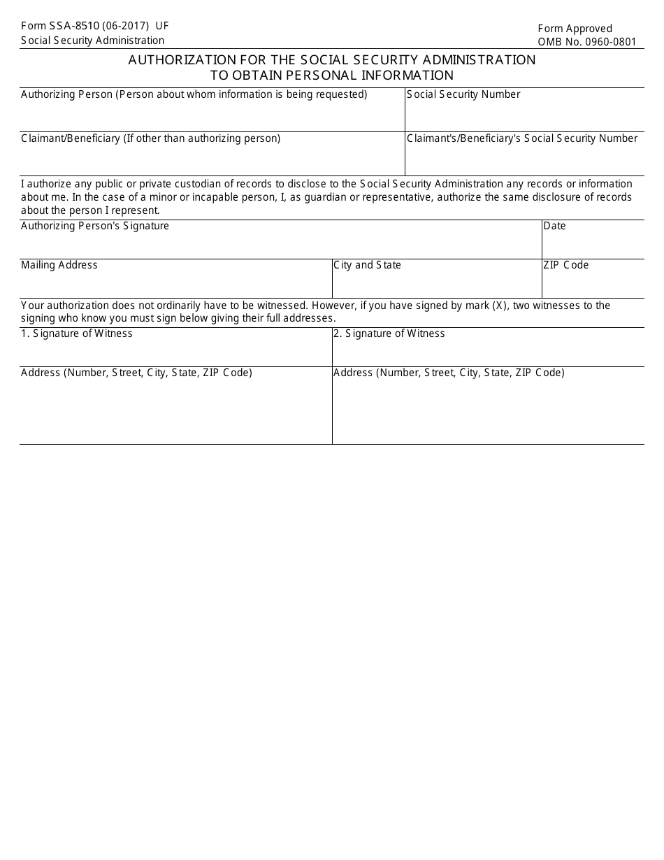 Form SSA-8510 Authorization for the Social Security Administration to Obtain Personal Information, Page 1
