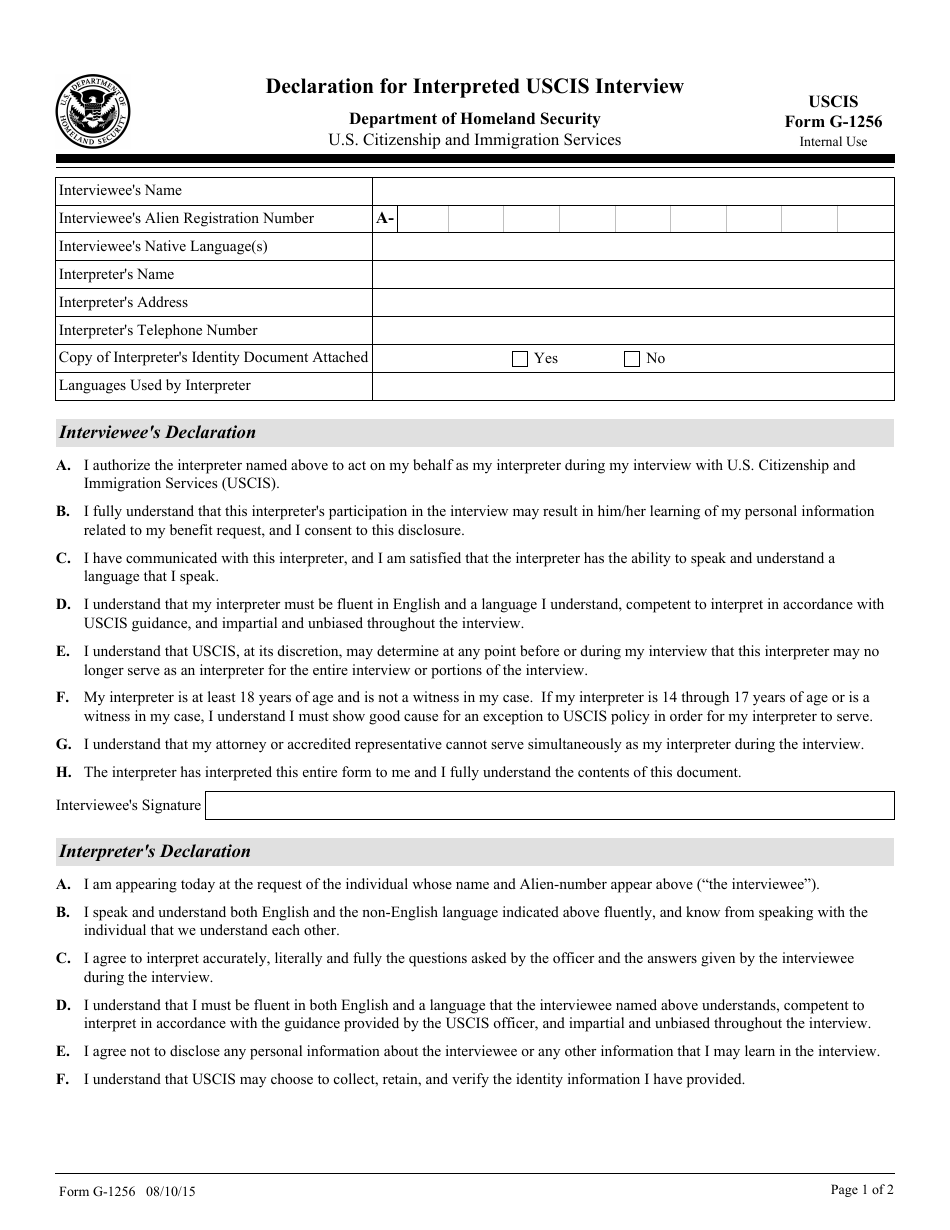 USCIS Form G-1256 Declaration for Interpreted USCIS Interview, Page 1