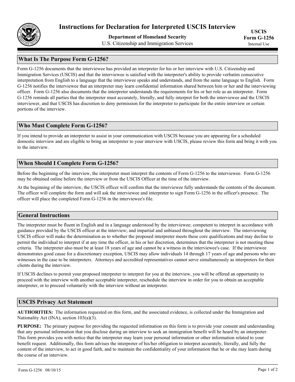 Instructions for USCIS Form G-1256 Declaration for Interpreted USCIS Interview, Page 1