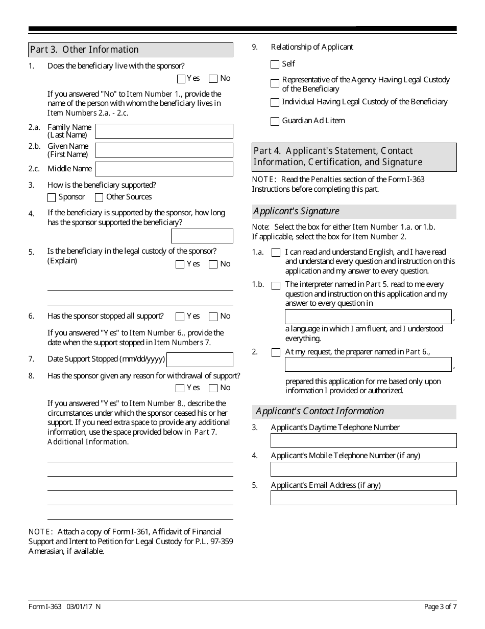 USCIS Form I-363 Request to Enforce Affidavit of Financial Support and Intent to Petition for Legal Custody for Public Law 97-359 Amerasian, Page 3