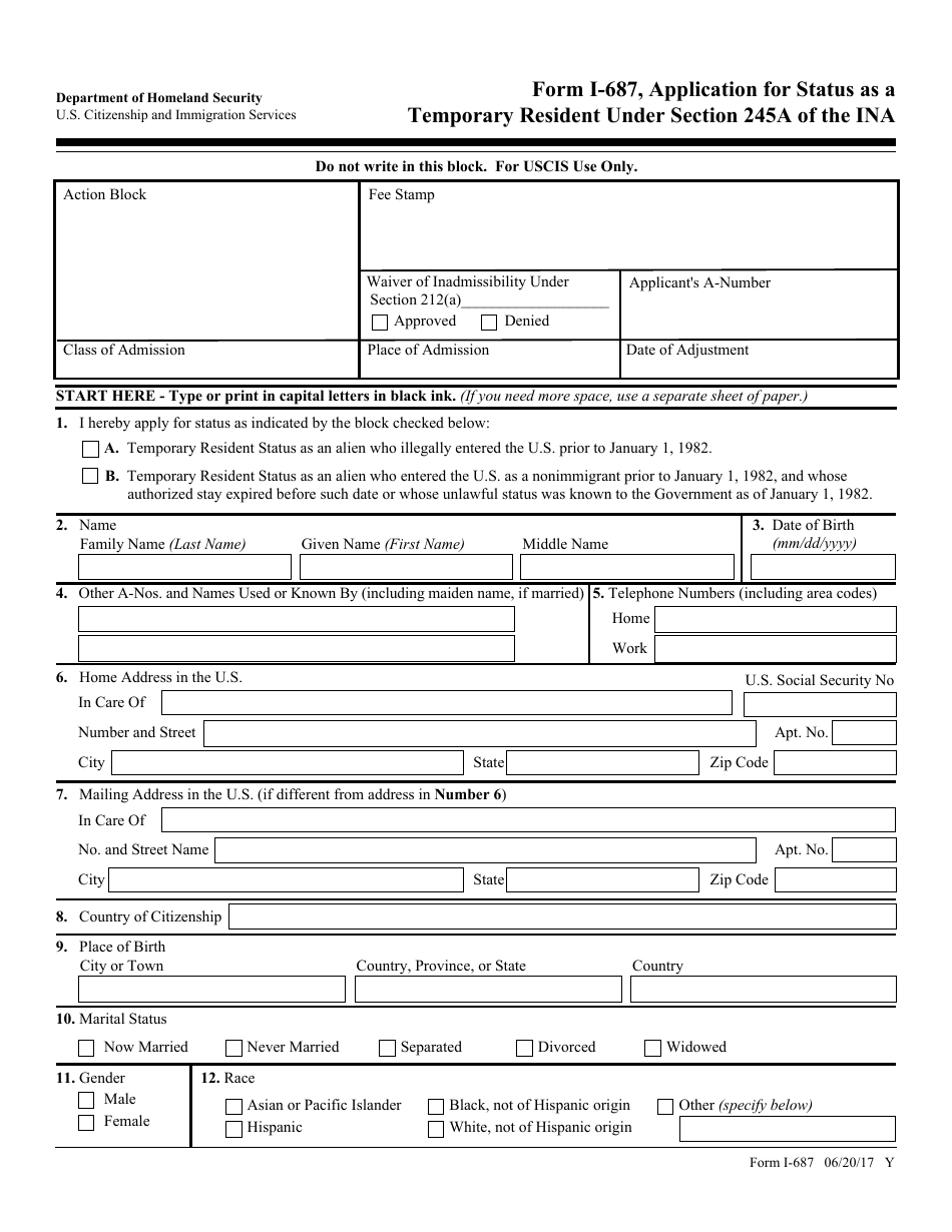 USCIS Form I-687 Application for Status as a Temporary Resident Under Section 245a of the Immigration and Nationality Act, Page 1