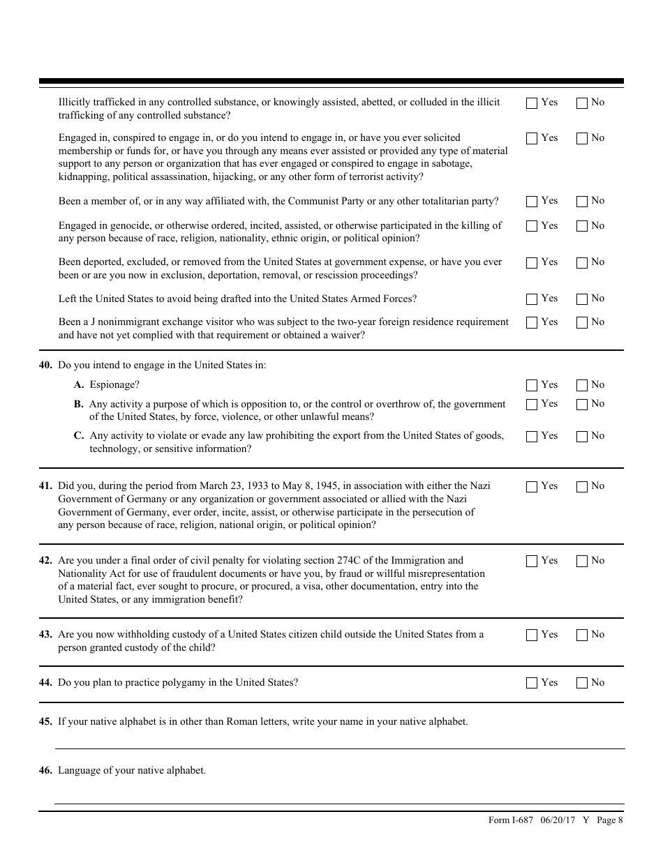 USCIS Form I-687 Application for Status as a Temporary Resident Under Section 245a of the Immigration and Nationality Act, Page 8