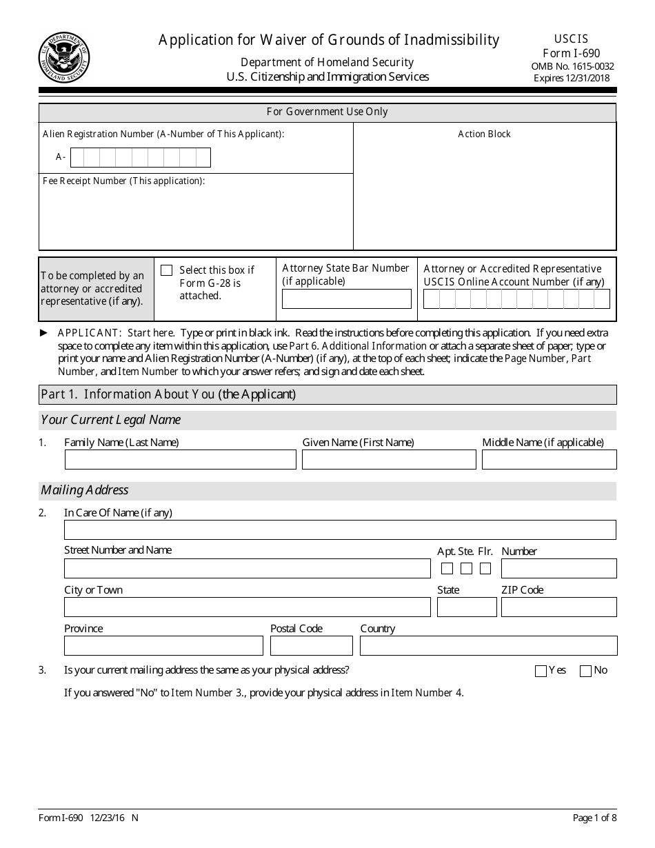USCIS Form I-690 Application for Waiver of Grounds of Inadmissibility, Page 1