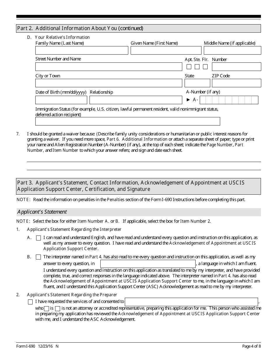 USCIS Form I-690 Application for Waiver of Grounds of Inadmissibility, Page 4