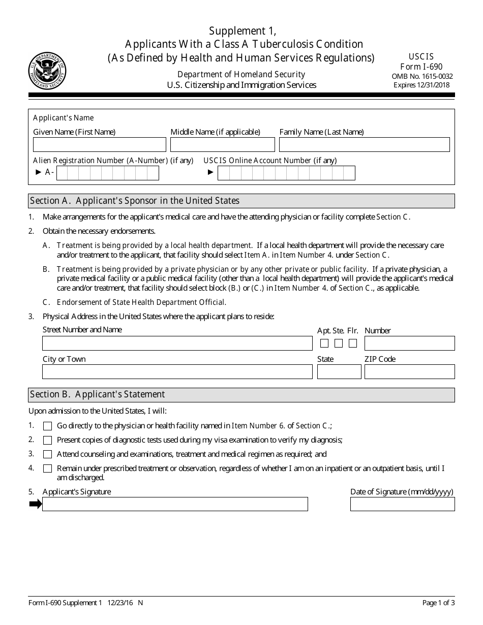 USCIS Form I-690 Supplement 1 Applicants With a Class a Tuberculosis Condition (As Defined by Health and Human Services Regulations), Page 1