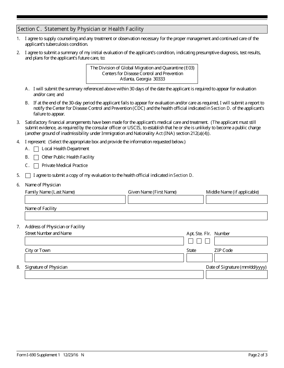 USCIS Form I-690 Supplement 1 Applicants With a Class a Tuberculosis Condition (As Defined by Health and Human Services Regulations), Page 2