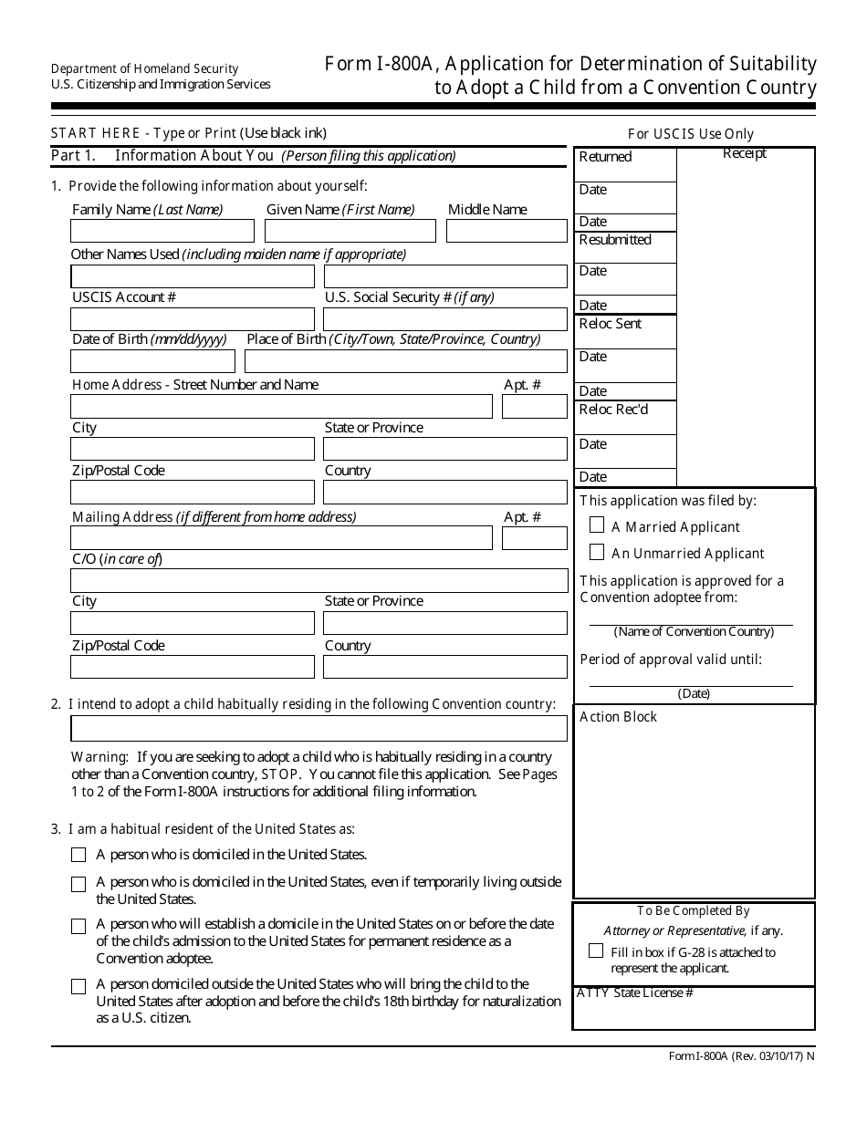USCIS Form I-800A Application for Determination of Suitability to Adopt a Child From a Convention Country, Page 1