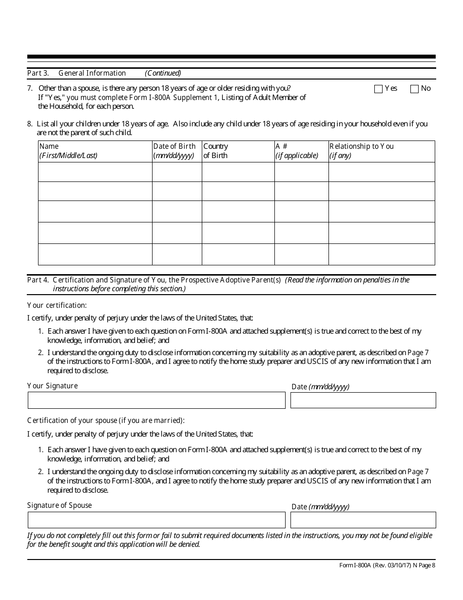 USCIS Form I-800A Application for Determination of Suitability to Adopt a Child From a Convention Country, Page 8
