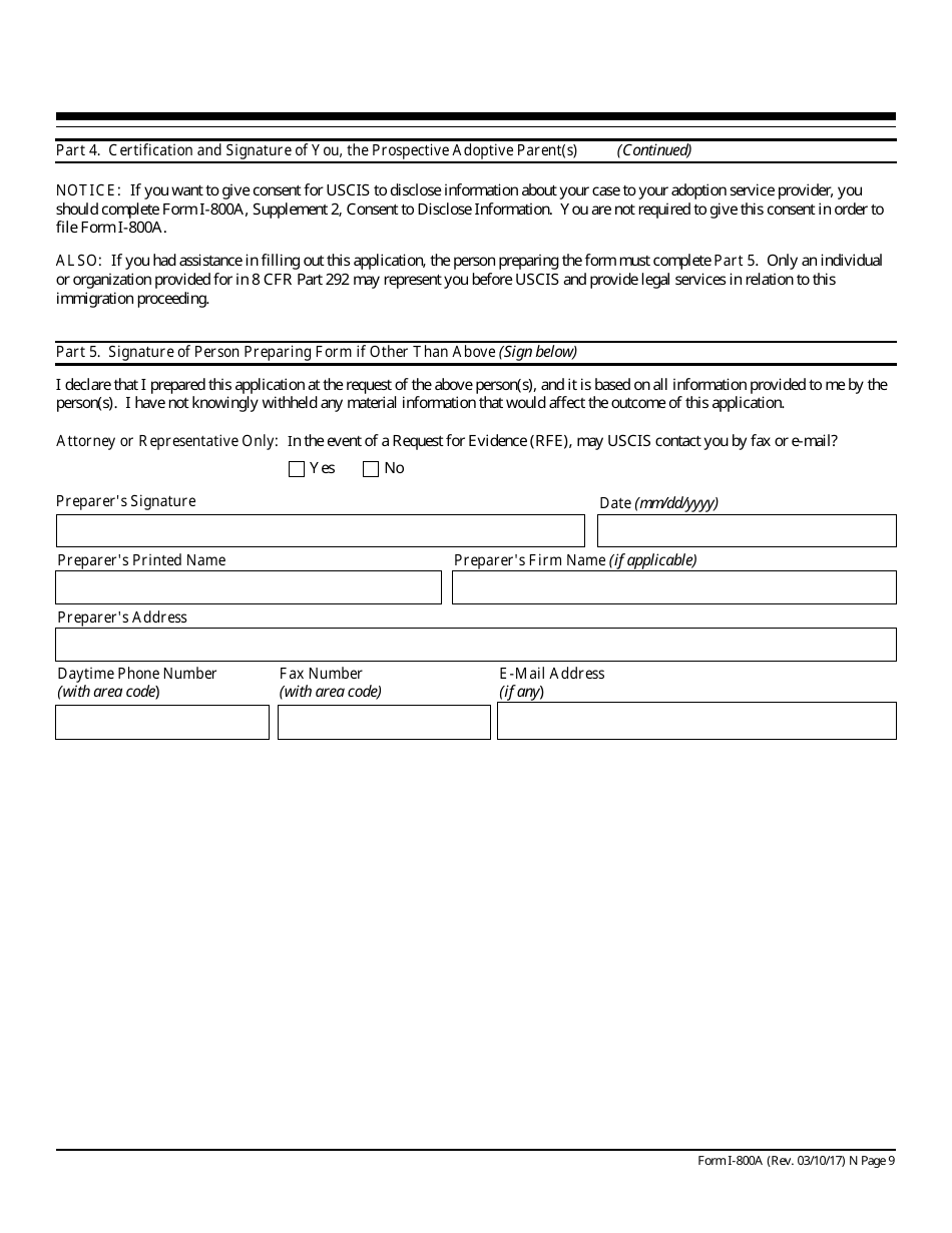 USCIS Form I-800A Application for Determination of Suitability to Adopt a Child From a Convention Country, Page 9