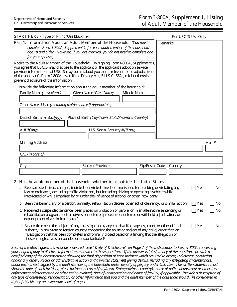 USCIS Form I-800A Supplement 1 Listing of Adult Member of the Household, Page 1