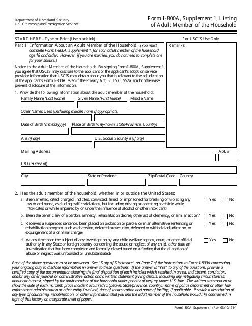 USCIS Form I-800A Supplement 1 Listing of Adult Member of the Household