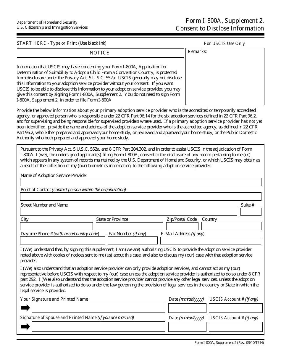 USCIS Form I-800A Supplement 2 Consent to Disclose Information, Page 1