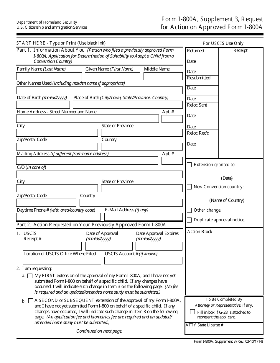USCIS Form I-800A Supplement 3 Request for Action on Approved Form I-800a, Page 1