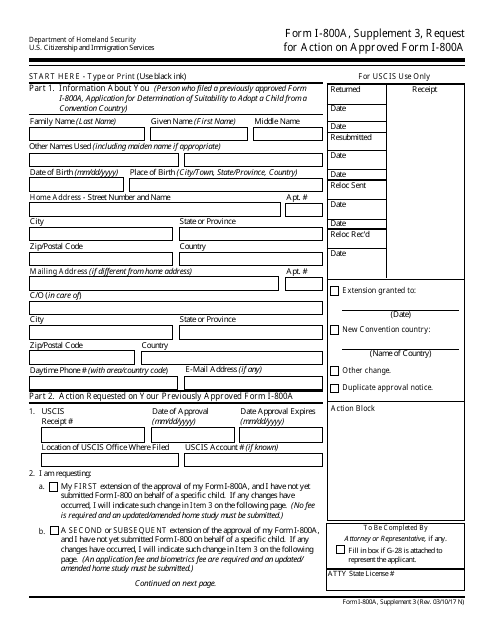 USCIS Form I-800A Supplement 3 Request for Action on Approved Form I-800a