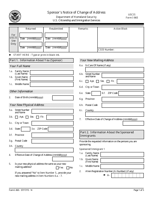 USCIS Form I-865  Printable Pdf