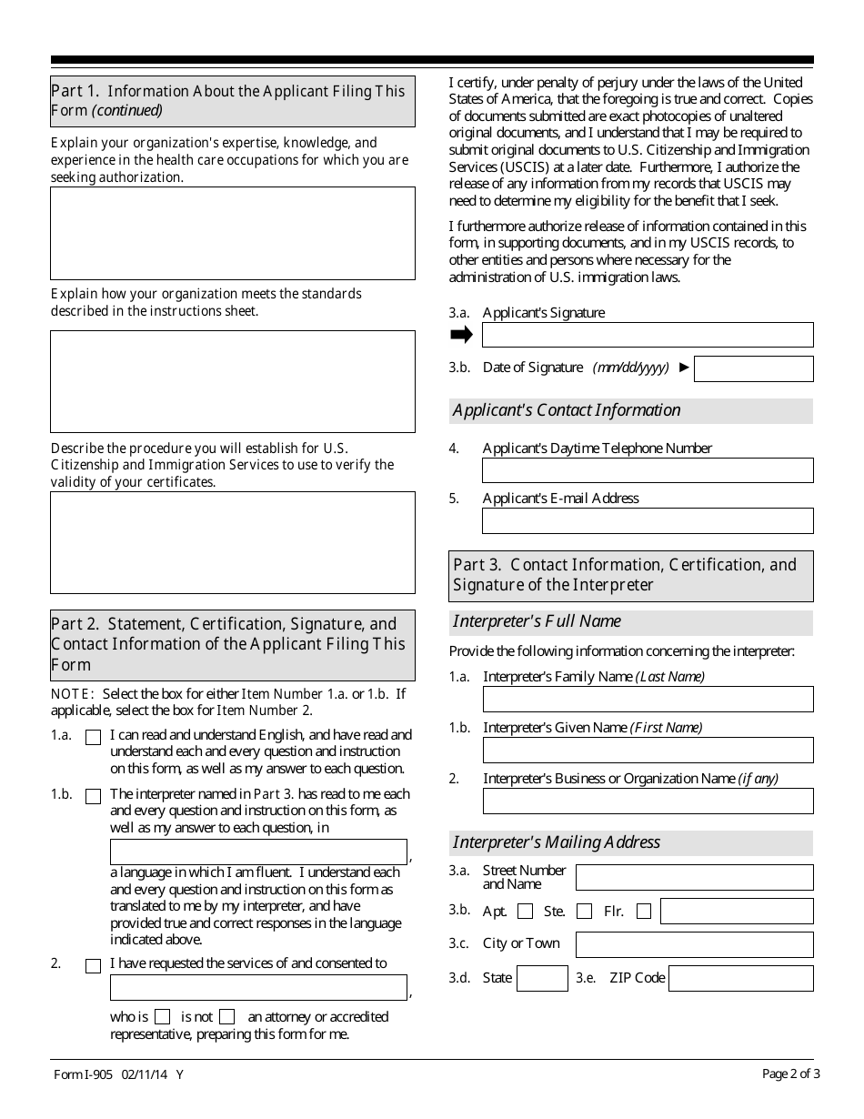USCIS Form I-905 Application for Authorization to Issue Certification for Health Care Workers, Page 2