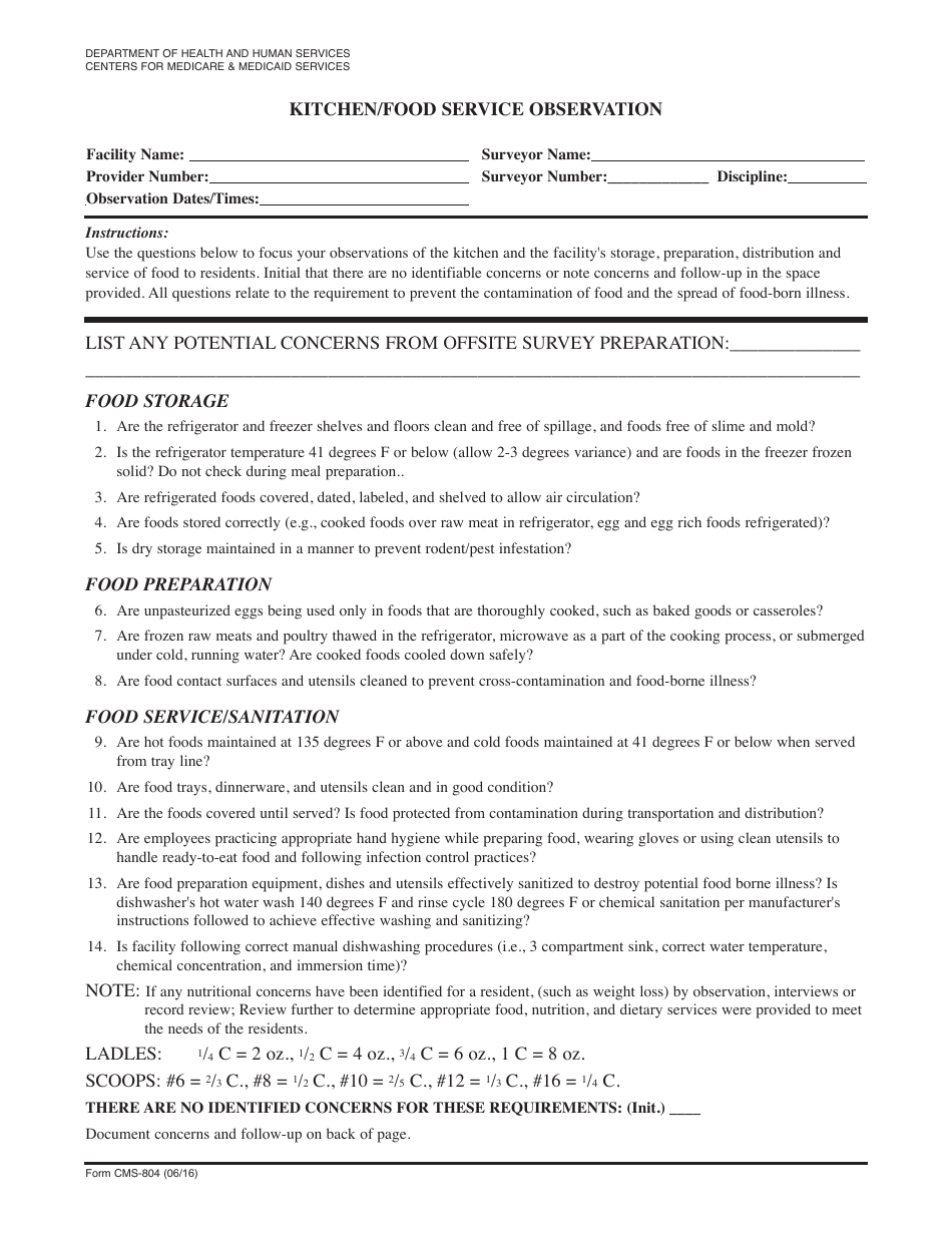 Form CMS-804 Kitchen / Food Service Observation, Page 1