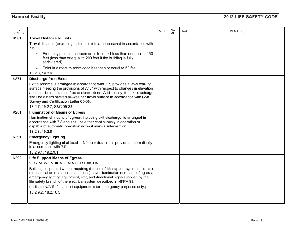 Form CMS-2786r Fire Safety Survey Report 2012 Code - Health Care, Page 13