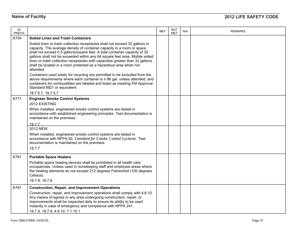 Form CMS-2786r Fire Safety Survey Report 2012 Code - Health Care, Page 37