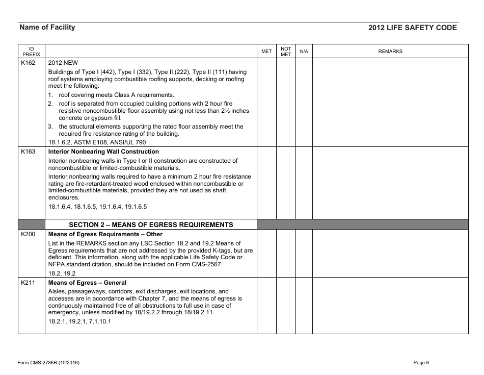 Form CMS-2786r Fire Safety Survey Report 2012 Code - Health Care, Page 6