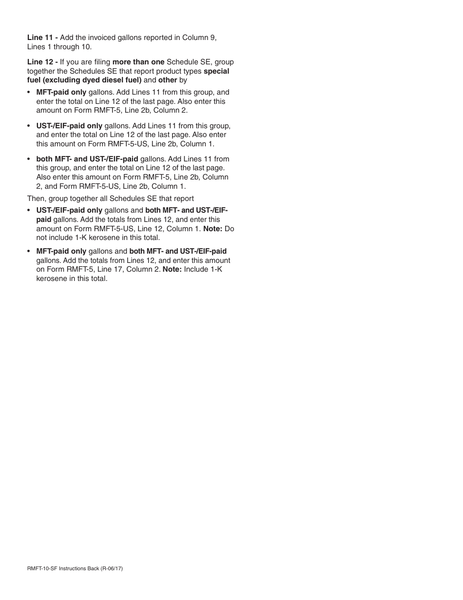 Instructions for Form RMFT-10-SF Schedule SE Mft, Ust, and Eif Tax- and Fee-Paid Purchases of Undyed Fuels at Diesel Fuel Tax Rate - Illinois, Page 2