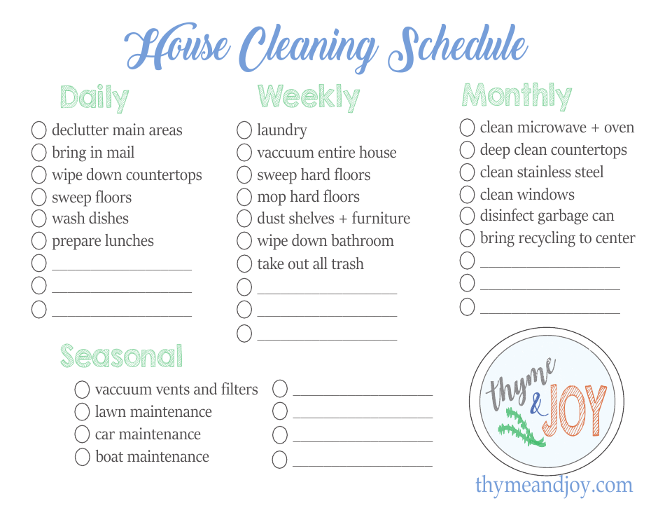 House Cleaning Schedule Template - Daily, Weekly, Monthly, Seasonal - Thyme  Joy, Page 1