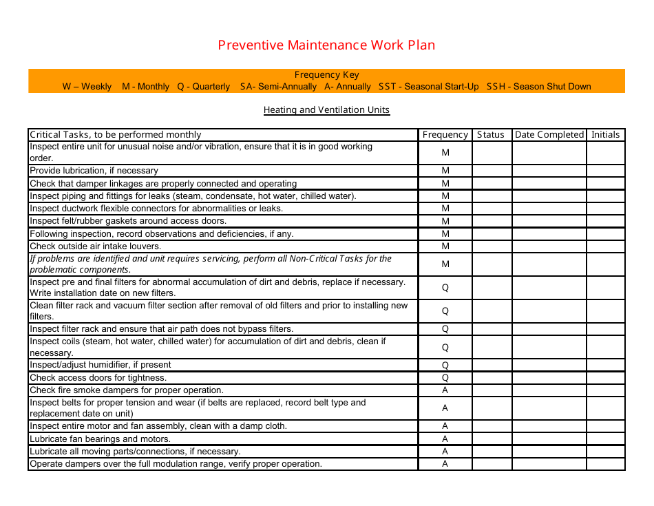 Preventive Maintenance Work Plan Template Download Printable PDF