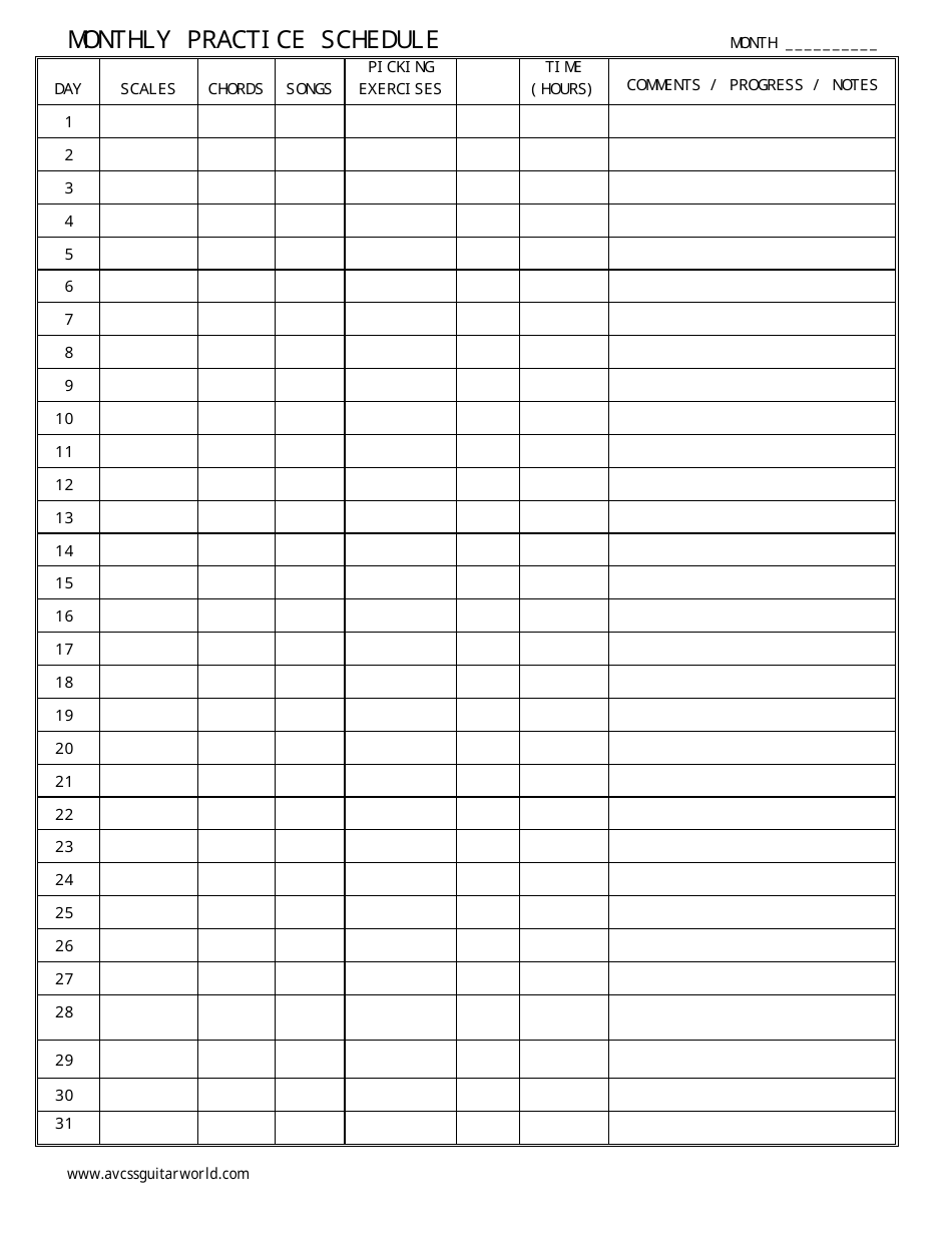 Monthly Practice Schedule Template Download Printable PDF | Templateroller