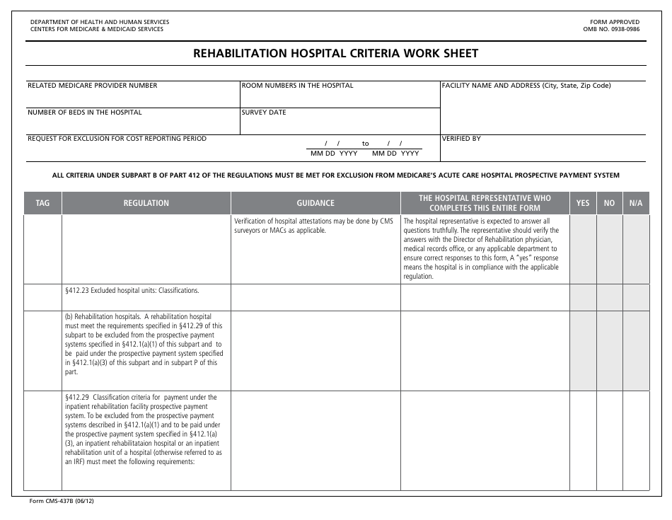 Form CMS-437b Rehabilitation Hospital Criteria Work Sheet, Page 1