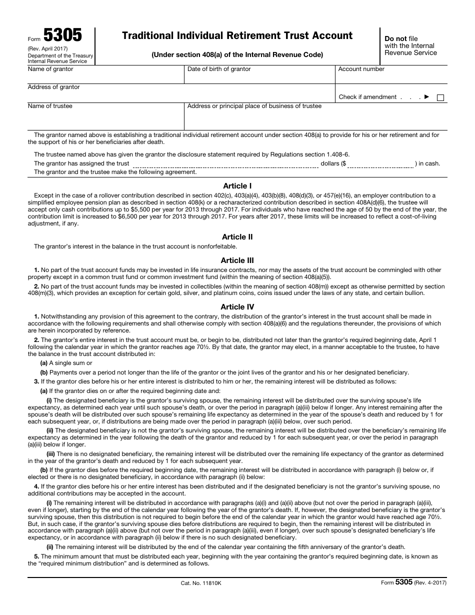 IRS Form 5305 Traditional Individual Retirement Trust Account, Page 1