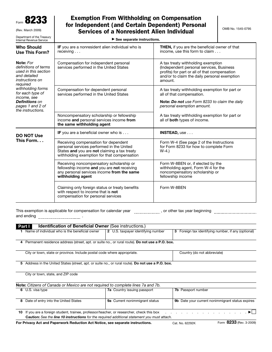 IRS Form 8233 Exemption From Withholding on Compensation for Independent (And Certain Dependent) Personal Services of a Nonresident Alien Individual, Page 2