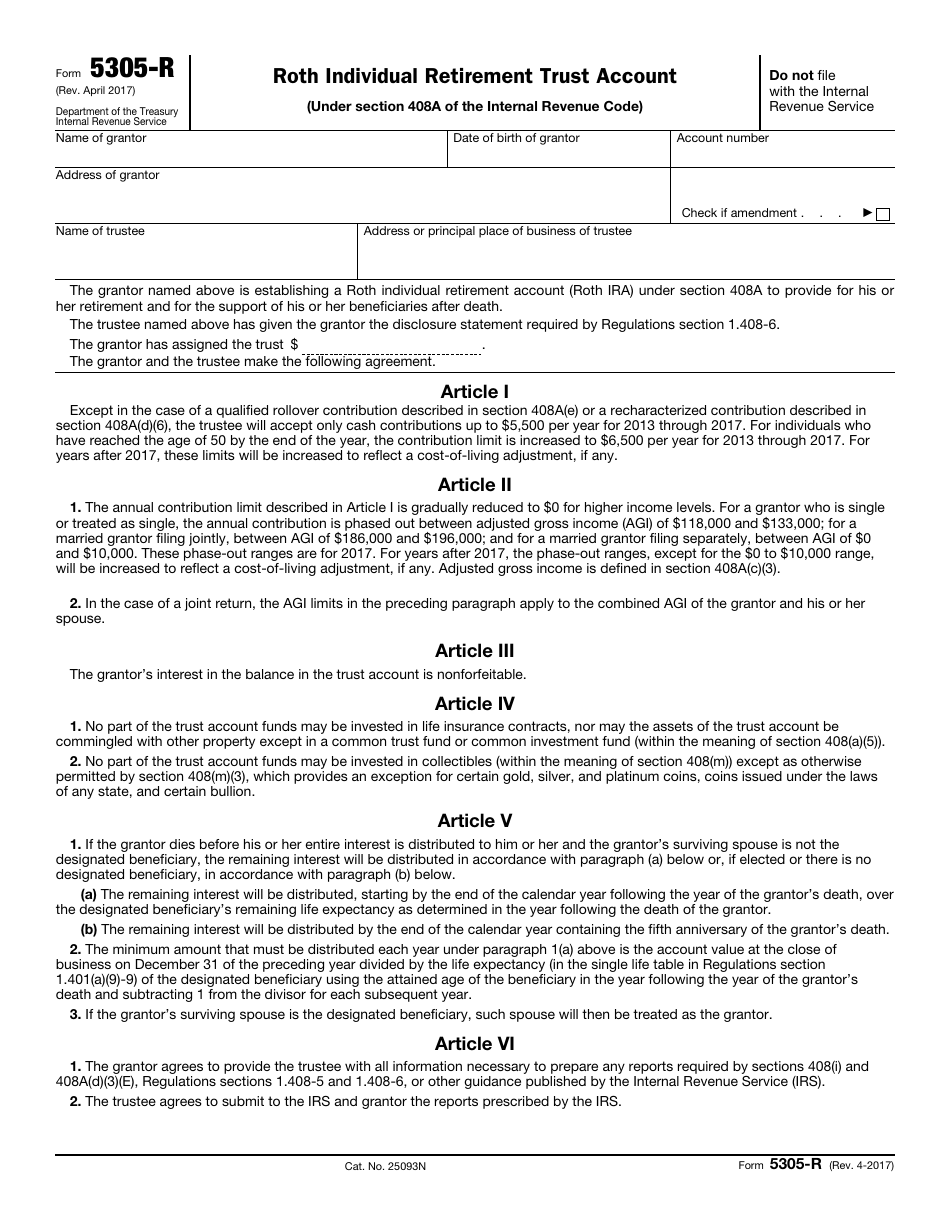 IRS Form 5305-R Roth Individual Retirement Trust Account, Page 1