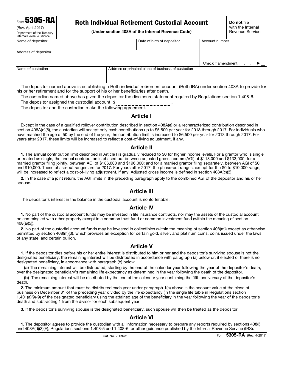 IRS Form 5305-RA Roth Individual Retirement Custodial Account, Page 1