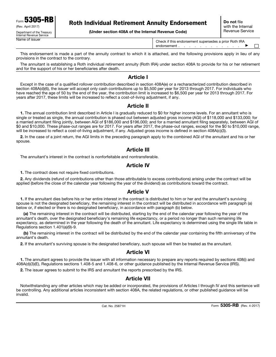 IRS Form 5305-RB Roth Individual Retirement Annuity Endorsement, Page 1