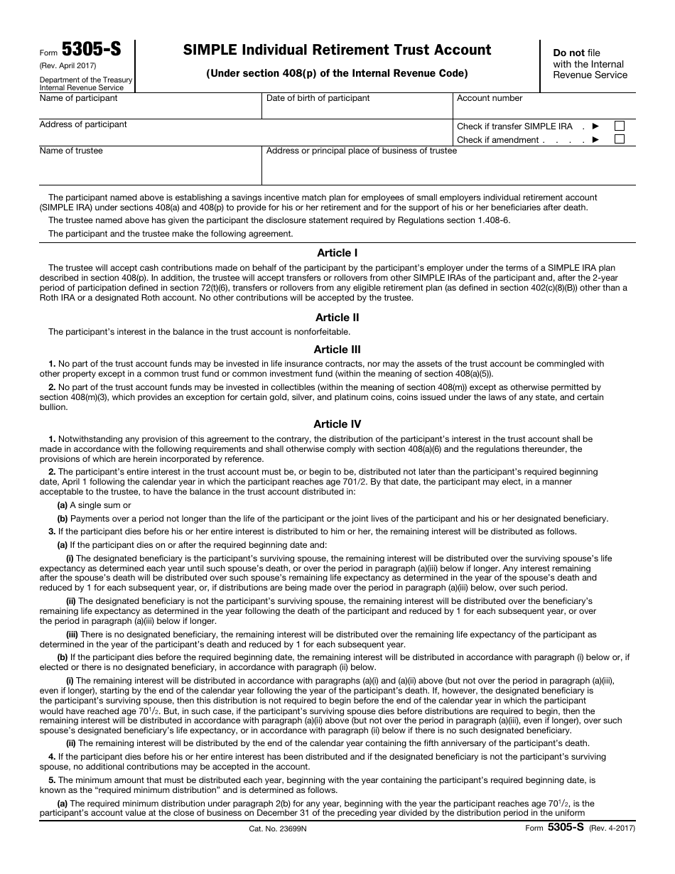 IRS Form 5305-S Simple Individual Retirement Trust Account, Page 1