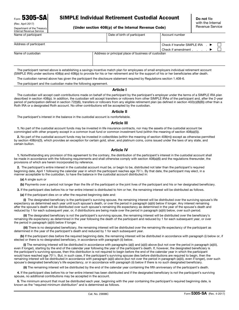 IRS Form 5305-SA Simple Individual Retirement Custodial Account, Page 1