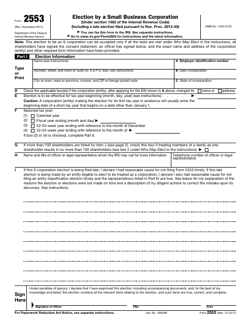 IRS Form 2553  Printable Pdf