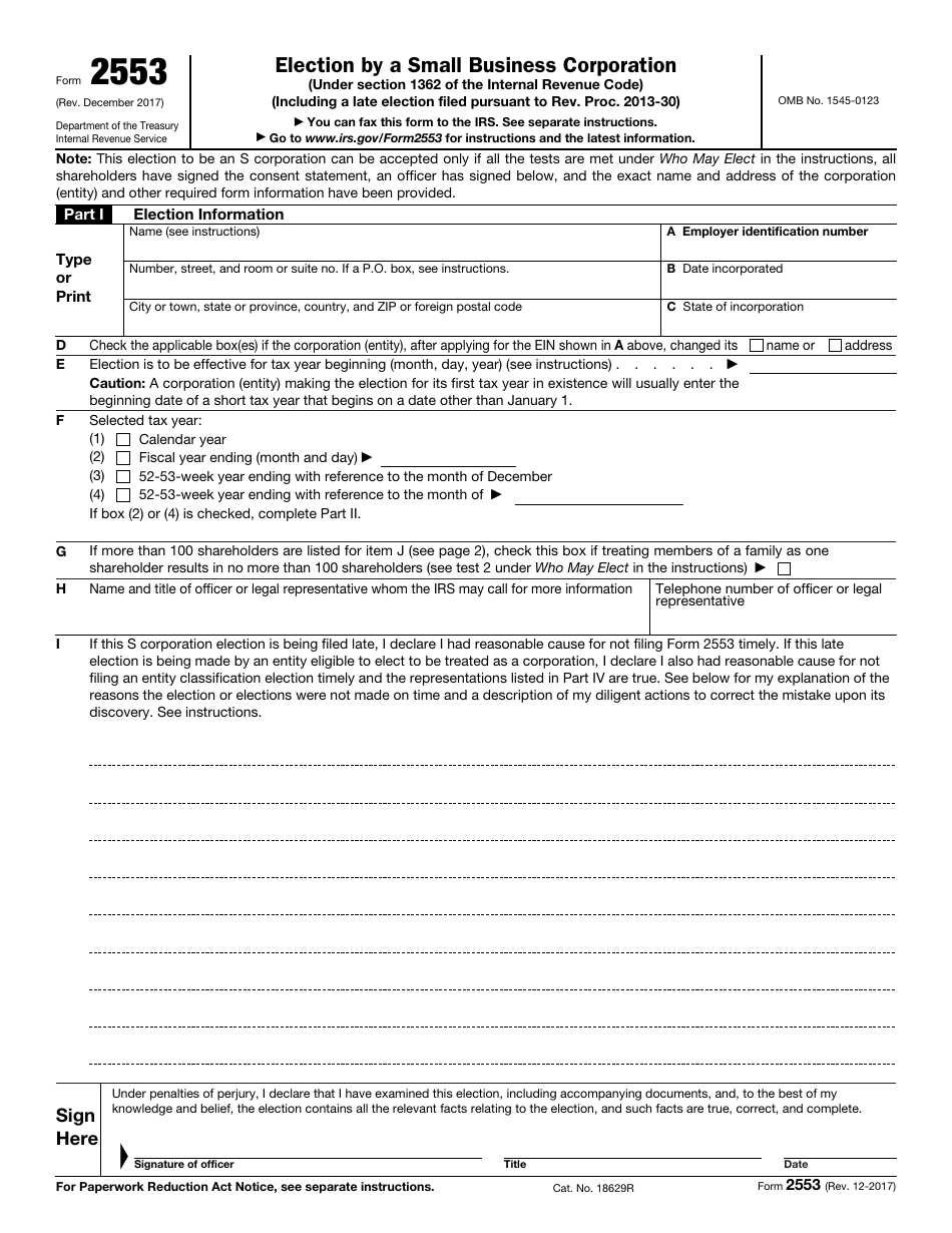 IRS Form 2553 Election by a Small Business Corporation, Page 1